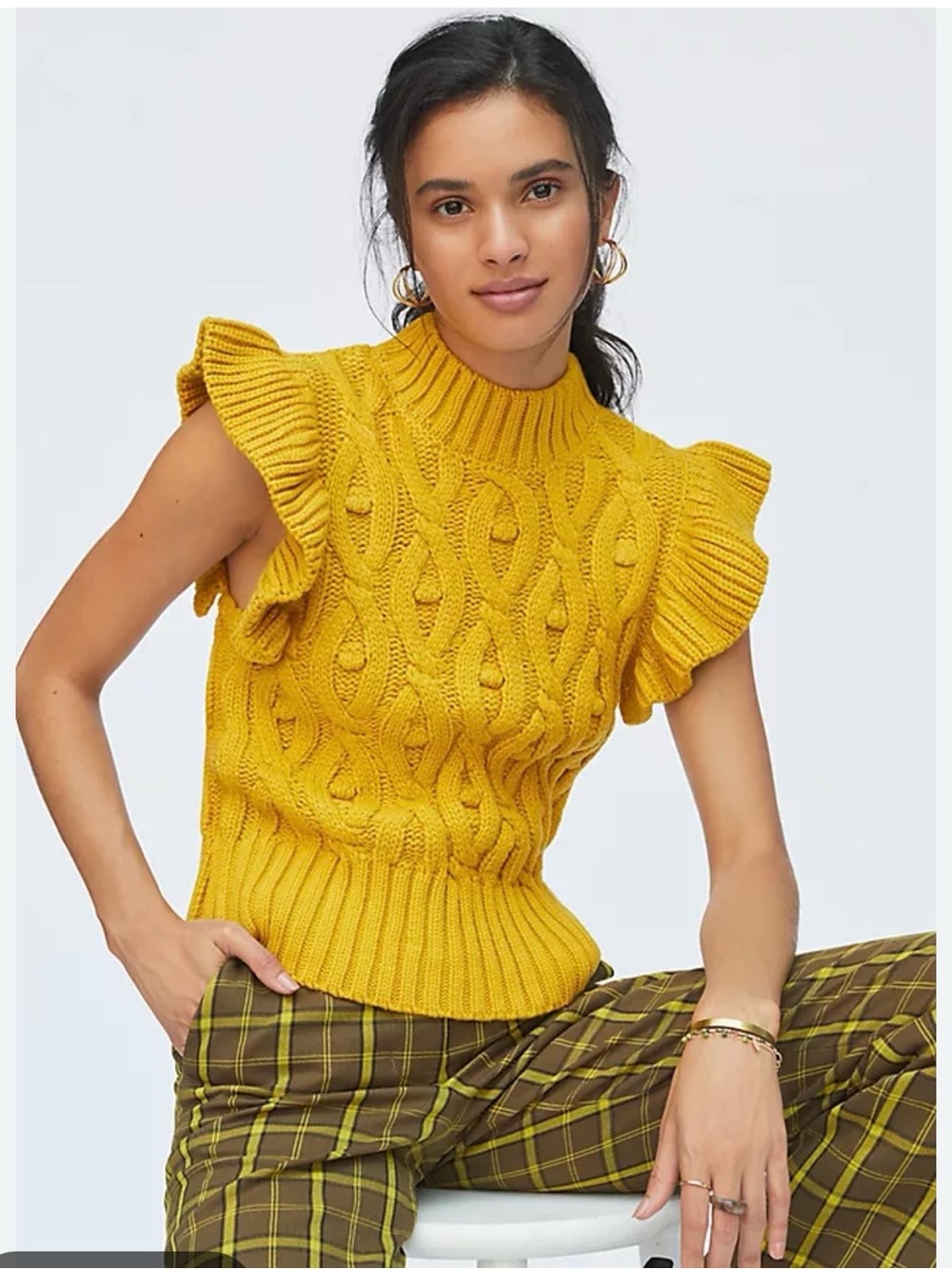 Anthropologie Yellow Cable-Knit Ruffle Sleeve Sweater Vest